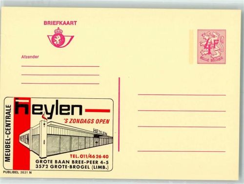 Heylen Möbel, Publibel 2631 N Belgische Ganzsache Wertstufe 4,00 / 4,00 + roter Stempel 1,00