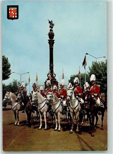 Barcelona Town-Hall horse-guards in gala uniform The Christopher Colon monument on backgound Nr. 1394 Barcelona Tipica