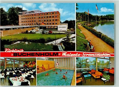Bad Malente-Gremsmühlen Kurklinik Buchenholm Fahne Gastraum gedeckter Tisch Schwimmbad Aufenthaltsraum
