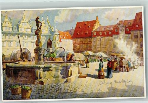 Coburg Marktplatz Brunnen Marktszene sign. Arno Müller