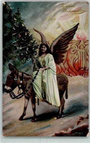 Engel Esel geschmückter Tannenbaum AK Weihnachten