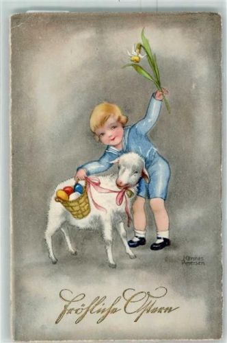 1930 Ostern Kind Lamm Ostereier HWB Alabaster Serie 3947 AK