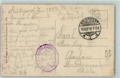 Stuttgart 1916 WK I Lazarettstempel Reservelazarett Liederhalle