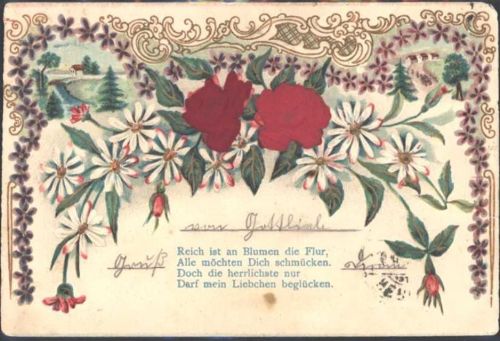 1903 AK mit Stoff Prägedruck Poesie / Liebe Rosen