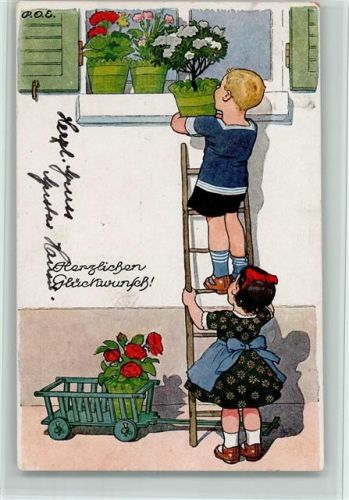 1921 Glückwunsch - Kinder mit Blumentöpfen AK