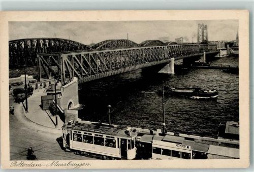 Rotterdam Maasbrücke Straßenbahn Frachtschiff Auto Kutsche