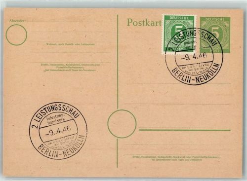 Neukölln Ganzsache Sonderstempel 2. Leistungsschau Industrie und Handwerk im USA-Sektor von Berlin 30. März - 14. April 1946