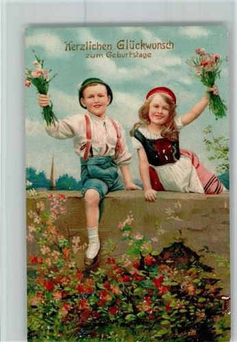 1909 Kinder sitzten auf der Mauer mit Blumensträuße AK Gute Erhaltung