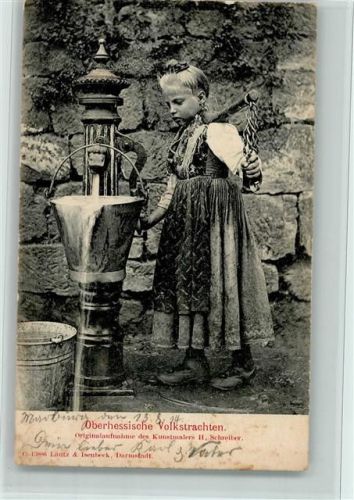 1914 Mädchen holt am Brunnen Wasser - Originalaufnahme des Kunstmalers Schreiber AK