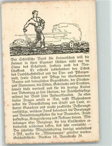 Breslau Schlesischer Bund für Heimatschutz Werbung und Zeichnung Bauer bei der Saat
