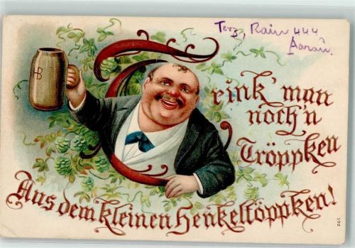 München 1907 Mann mit Bierkrug mit Hopfen umrankt Lithographie
