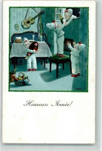 1927 Verlag M.M. 1223 Heureuse Annee Sekt Gitarre Wichtel