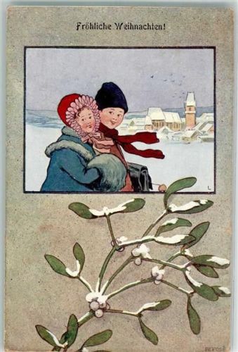 1909 Nr. 2030-2 Weihnachten Muff Kinder Mistel sign. L.