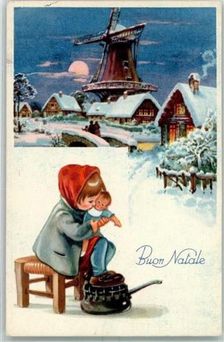 1937 Buon Natale Puppen Fußofen AK