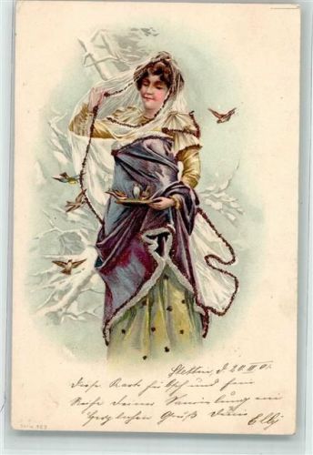 mit Glimmer/Glitzerauflage Frau füttert Vögel Jugendstil 1901 Lithographie / Künstlerkarte