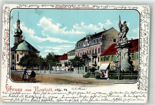 Rastatt 1903 Marktplatz mit Bernhardusbrunnen