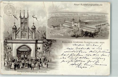Treptow 1896 Lithographie Gewerbe Ausstellung 1896 Haupt-Ausstellungsgebäude Verwaltungs-Gebäude