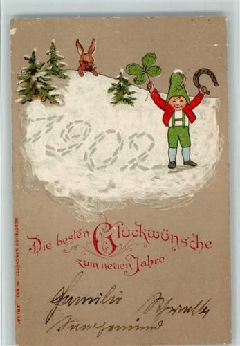 1901 Neujahr 1902 - Wichtel mit Hufeisen, Kleeblatt, Verlag Erika Nr. 830 AK