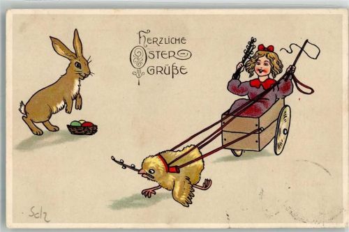 1920 Bolerwagen ziehen Osterhase Ostereier Kind Verlag EAS 15584