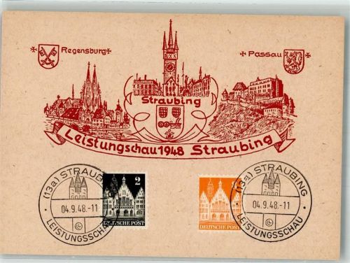 Straubing 1948 Leistungschau 1948 Straubing Stadtwappen Regensburg und Passau Sonderstemel