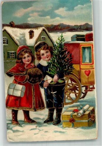 Kinder MuffTannenbaum gekauft Brief Pakete Postkutsche Weihnachten 1913 Gebrauchsspuren
