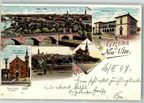 Neu-Ulm 1897 Lithographie Bahnhof Kath. Kirche beschnitten