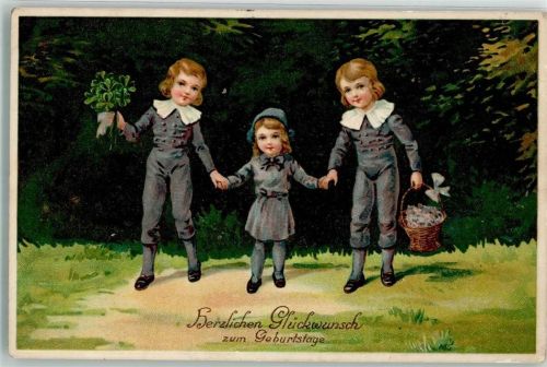 Kinder Kleeblatt Lithographie Geburtstag Prägedruck