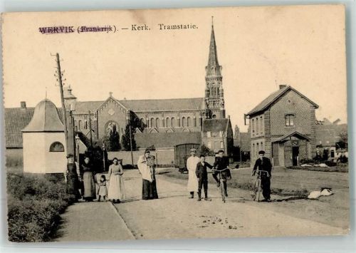 Wervik 1918 Kerk Tramstatie Fahrrad Eisenbahnwagon