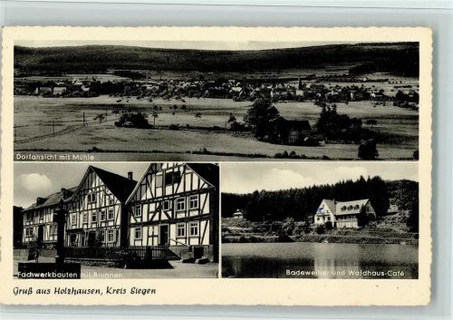 Holzhausen Dorfansicht mit Mühle Fachwerkbauten mit Brunnen Badeweiher und Waldhaus-Café 3-Bildaufnahme