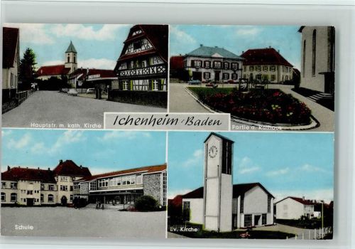 Ichenheim Hauptstraße mit Kath. Kirche Partie am Rathaus Schule Evangel. Kirche 4-Bildaufnahme