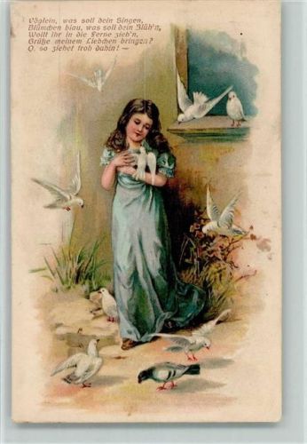 1907 Poesie Spruch - Mädchen füttert die Tauben AK