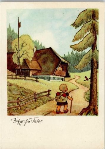 auf großer Fahrt - Kind mit einem Rucksack kommt zu einem Bauernhaus