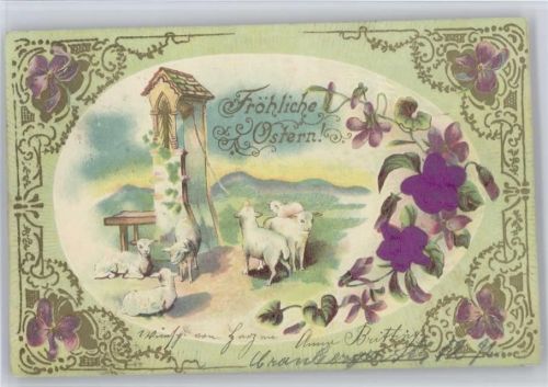 Ostern, Lämmer, Blumen , Glocke läuten Stoffapplikation 1903 Prägedruck