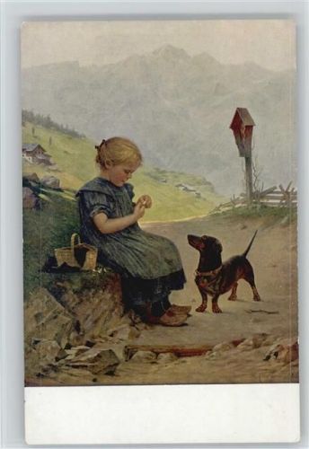 Künstler sign Kleehaas - Kind am Wegekreuz mit Dackel , Verlag Seemann Nr. 129