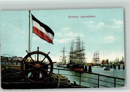 Hamburg 1915 Segelschiffhafen, Steuerrad mit schwarz-weiß-rot Fahne