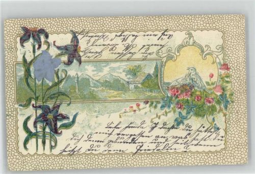 1902 Litho Blumen Seidenapplikation