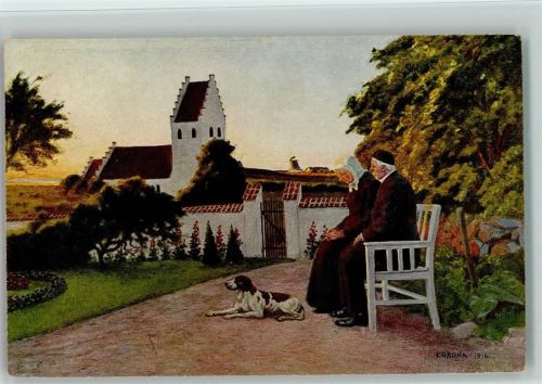 sign Corona - Altes Ehepaar auf einer Bank mit ihrem Jagdhund vor einer Kirche - Dänische Kunst