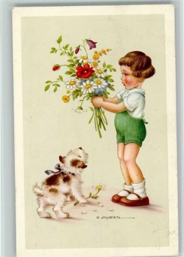 sign G. Lambert . Junge mit einem Blumenstrauß und ein kleiner Hund 1956 AK