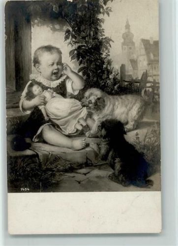 Hunde wollen dem Baby die Puppe wegnehmen 1905 AK