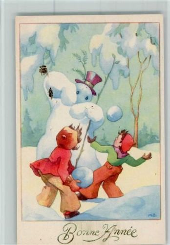 Verlag FOX Paris - Bonne Annee , sign M.B. - Schneeball werfen AK 2 Flecken