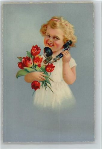 1934 AK Blumen - Kind - Telefonhörer -