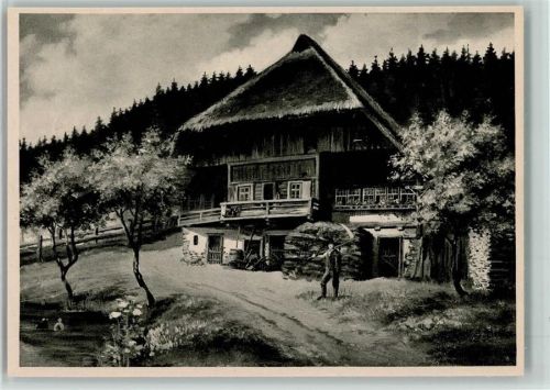Altes Schwarzwaldbauernhaus, Bauer mit Sense Hertter, J. Künstlersteindruck