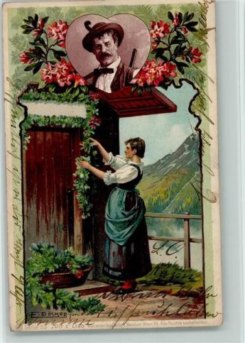 Serie 53 "Dir z`Liab" - Blumengirlande für den Liebsten, Berge Döcker, E. 1902 Lithographie