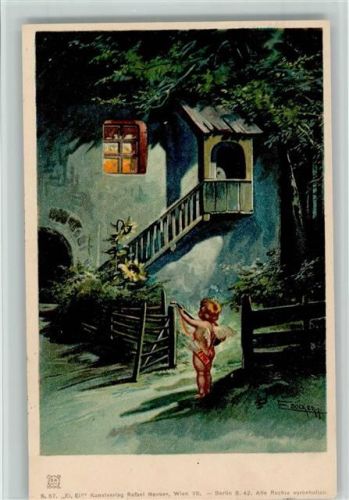 Amor Engel spielt Gitarre vor einem beleuchteten Fenster 1901 AK Döcker, E.