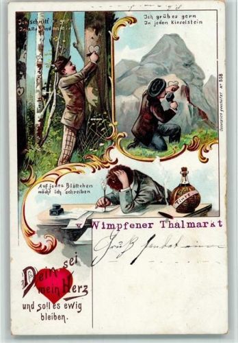 Wimpfen 1901 Gruss aus - Herzen in Stein meißeln, in den Baum ritzen, Liebesbrief schreiben, Tintenfass AK