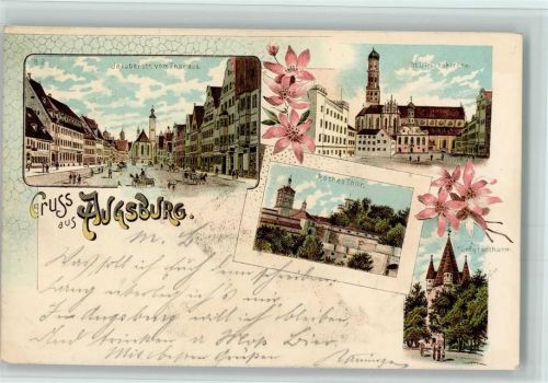 86150 W8900 Augsburg , Bay Lithographie Jakoberstraße St.Ulrichskirche Rotes Tor Fünfgradturm Blumen