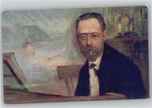 Smetana am Klavier mit Phantasien im Hintergrund sign Nejedly