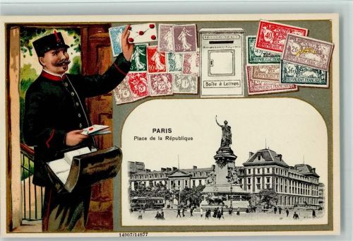 Guggenheim Nr. 14877 Nr. 20 Litho Briefträger am Briefkasten, Briefmarken von Frankreich, Paris Place de Republique Briefmarkenabbildung Prägedruck