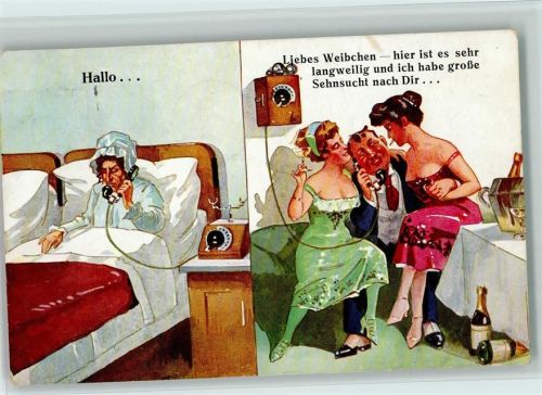 Mann amüsiert sich und telefoniert mit seiner Frau 1929 AK Humor Telefon