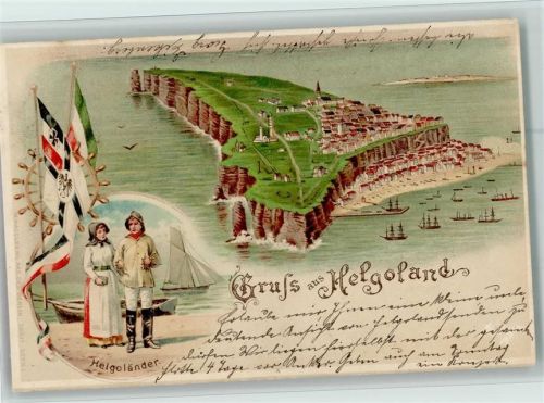 Helgoland 1905 Gruss aus - Volkstypen Helgoländer, Fahnen, Rettungsring , gute Erhaltung AK
